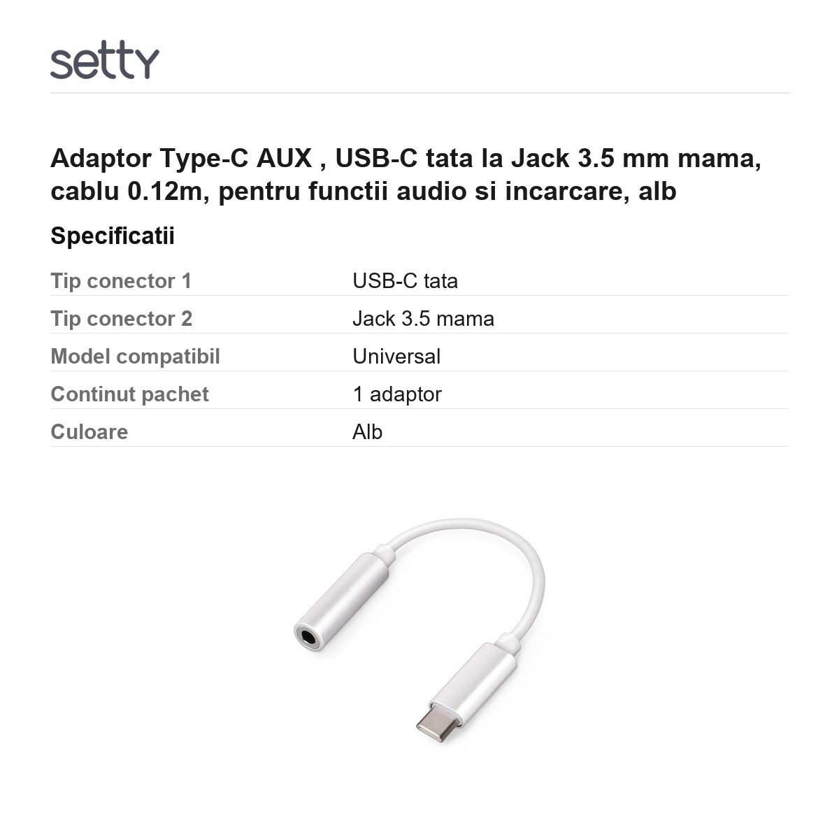 Adaptor Type-C AUX , USB-C tata la Jack 3.5 mm mama, cablu 0.12m, pentru functii audio si incarcare, alb [3]