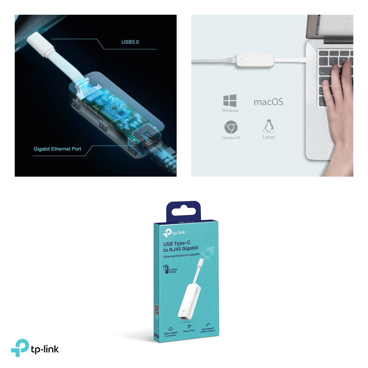 Adaptor USB Type-C la Ethernet Gigabit TP-Link UE300C, port RJ45 10/100/1000 Mbps, USB 3.0, chipset AX88179A, design pliabil, UE300C [5]