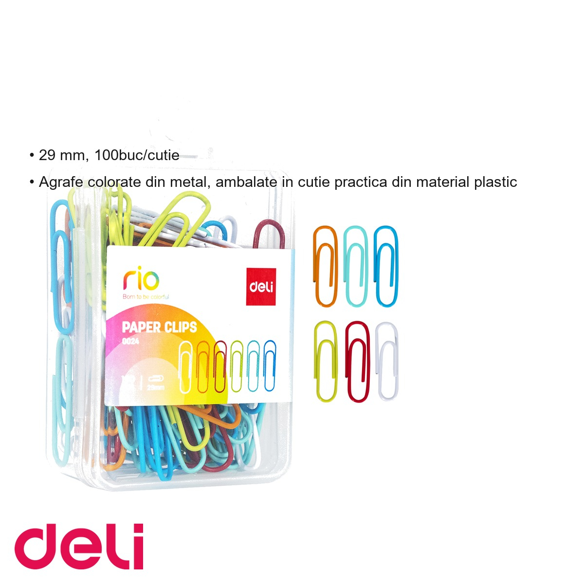 Agrafe metalice colorate Deli, 29 mm, 100 bucati in cutie plastic, pentru organizare documente [3]
