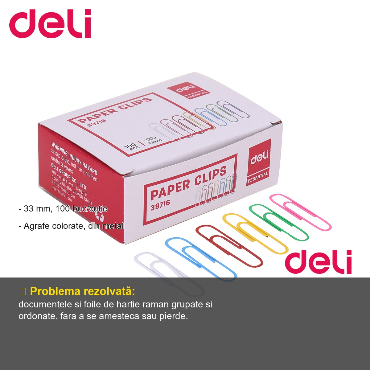 Agrafe metalice colorate Deli, 33 mm, 100 bucati/cutie, pentru organizarea documentelor la birou [2]