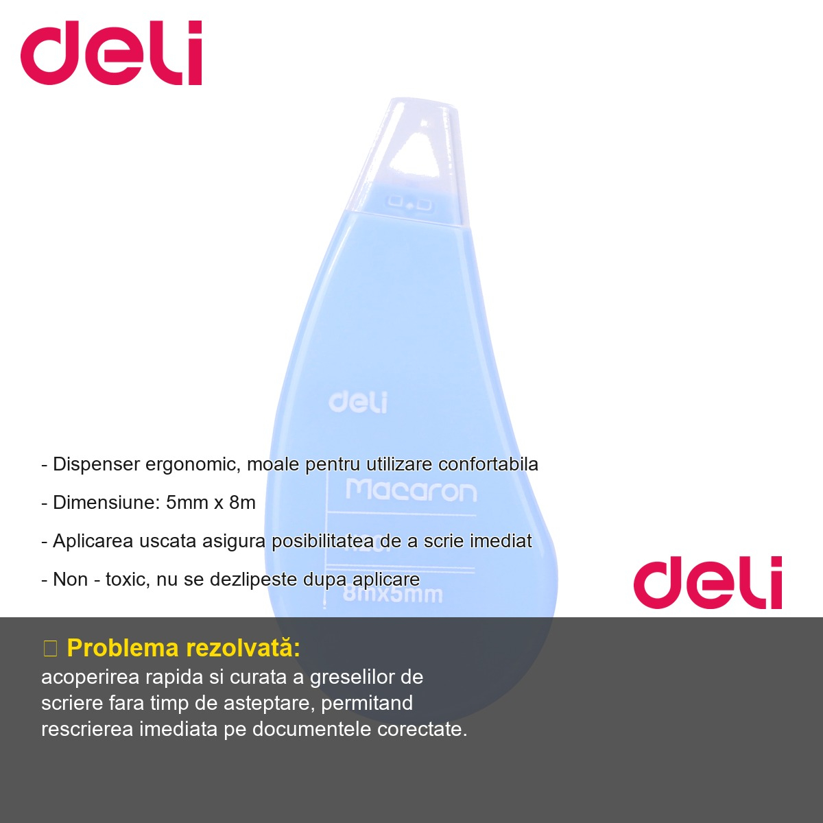 Banda corectoare Deli Cover Up, 5mm x 8m, aplicare uscata, dispenser ergonomic, culori asortate [2]