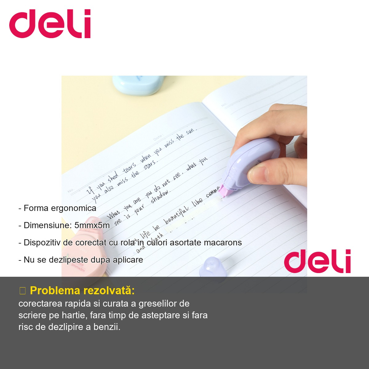 Banda corectoare Deli Macaron, 5mm x 5m, forma ergonomica, culori asortate, pentru birou si scoala [2]