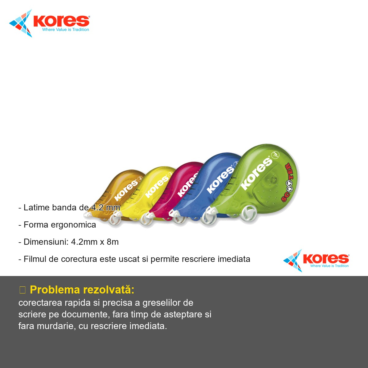 Banda corectoare Kores Scooter Color, 4,2mm x 8m, sistem cu rotite pentru corectare precisa la birou [2]