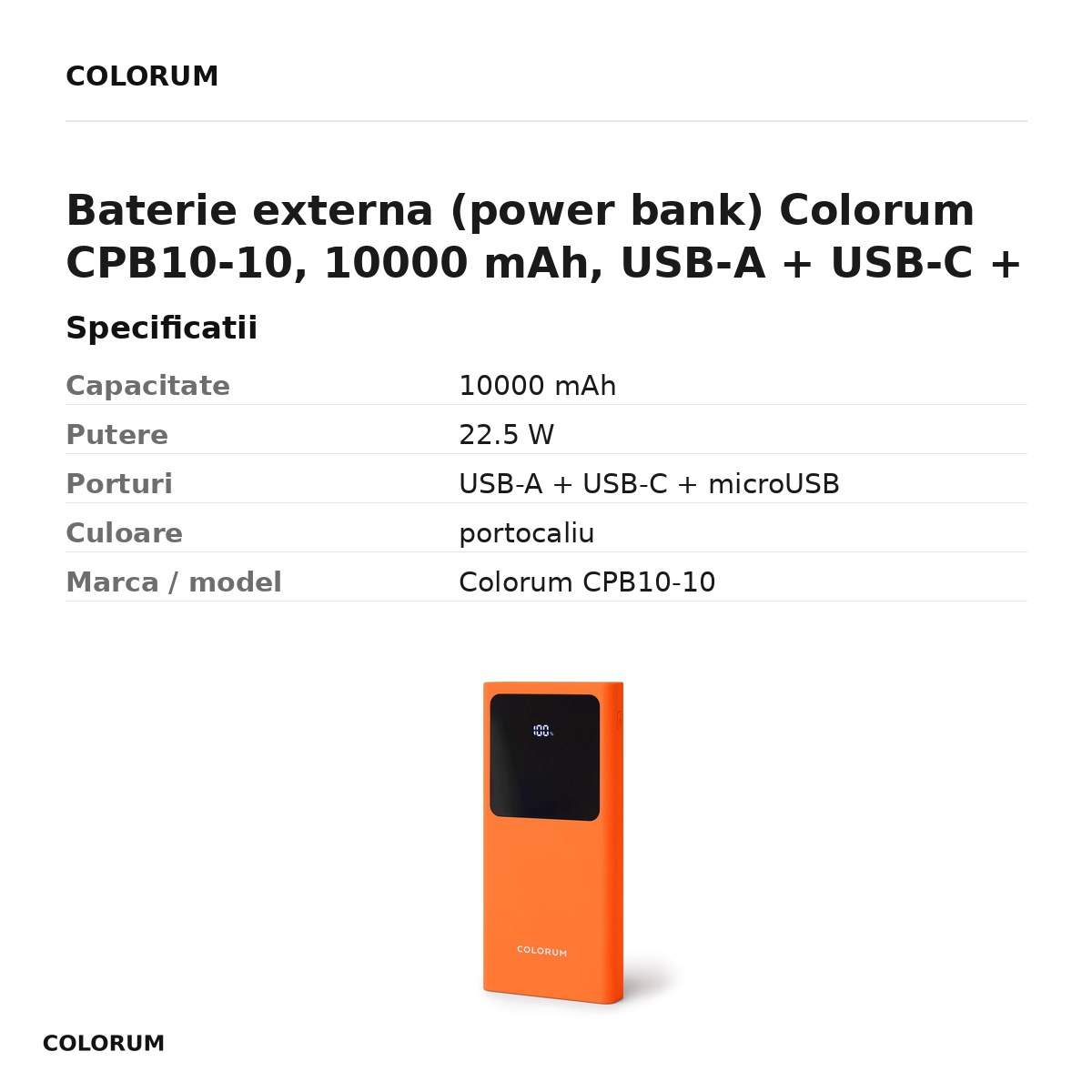 Baterie externa (power bank) Colorum CPB10-10, 10000 mAh, USB-A + USB-C + microUSB, 22.5W, cu cablu inclus, portocaliu [3]