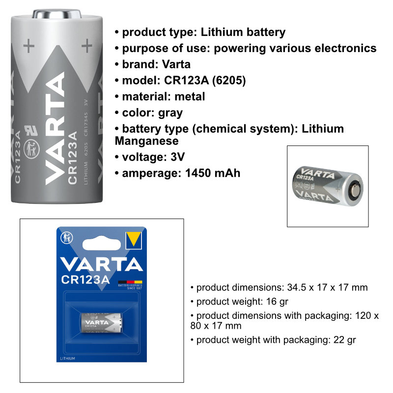 Baterie Litiu 3V Varta CR123A, cilindrica, in blister [4]