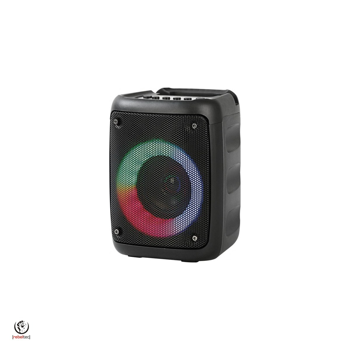 Boxa Rebeltec Stage 180, Bluetooth v 5.0,TWS, Radio FM, iluminare RGB, jack 6.3 mm mic, USB-A, 1500 mAh, 18 W, AUX IN jack 3.5mm, dimensiuni 180 x 135 x 125 mm, Neagra [1]