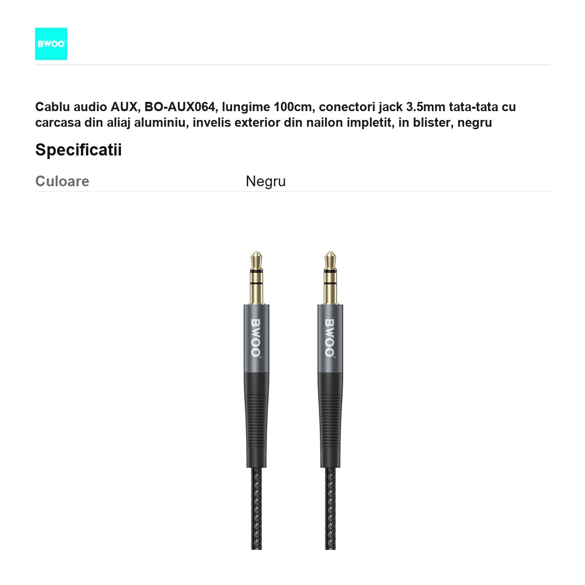 Cablu audio AUX, BO-AUX064, lungime 100cm, conectori jack 3.5mm tata-tata cu carcasa din aliaj aluminiu, invelis exterior din nailon impletit, in blister, negru [3]