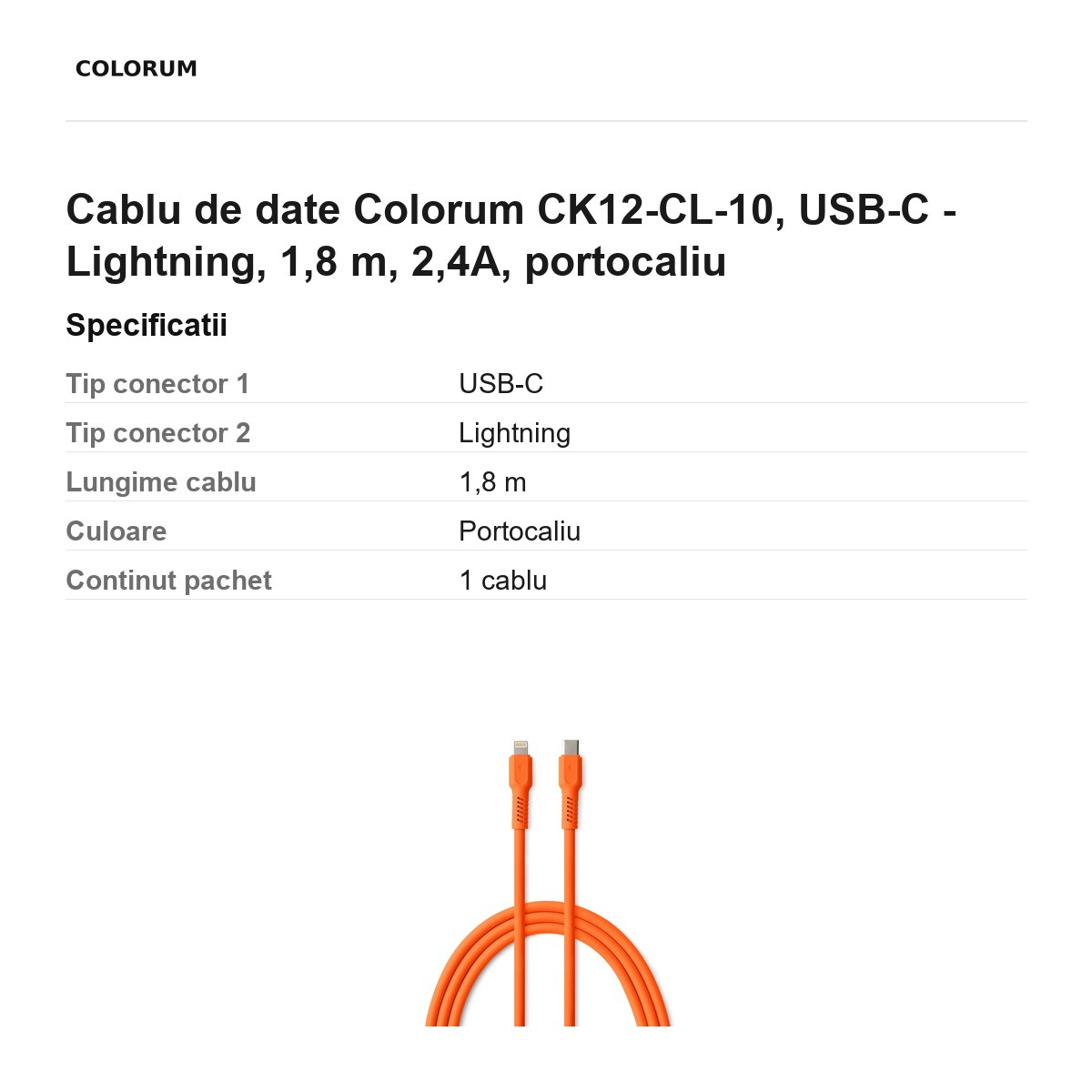 Cablu de date Colorum CK12-CL-10, USB-C - Lightning, 1,8 m, 2,4A, portocaliu [3]