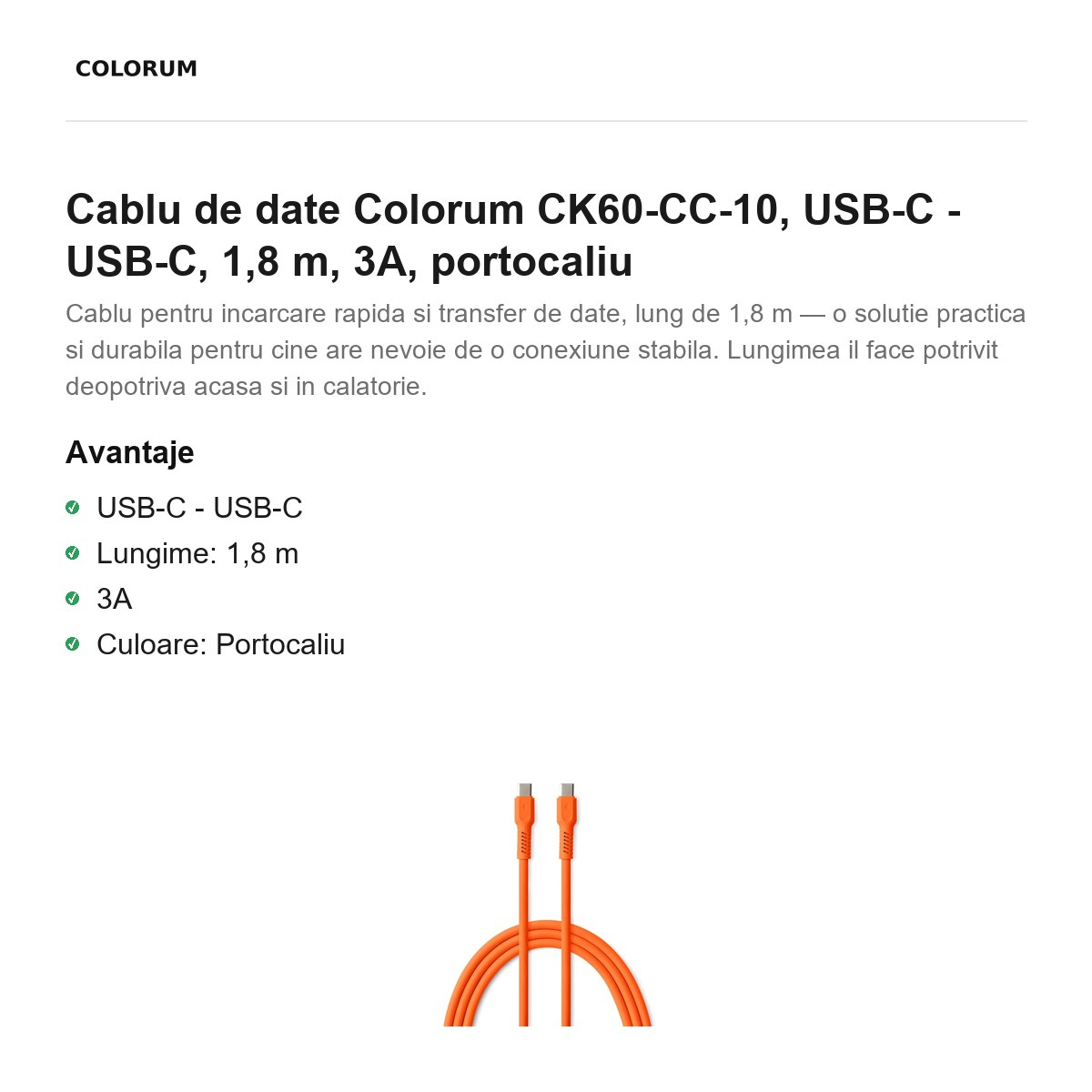 Cablu de date Colorum CK60-CC-10, USB-C - USB-C, 1,8 m, 3A, portocaliu [2]