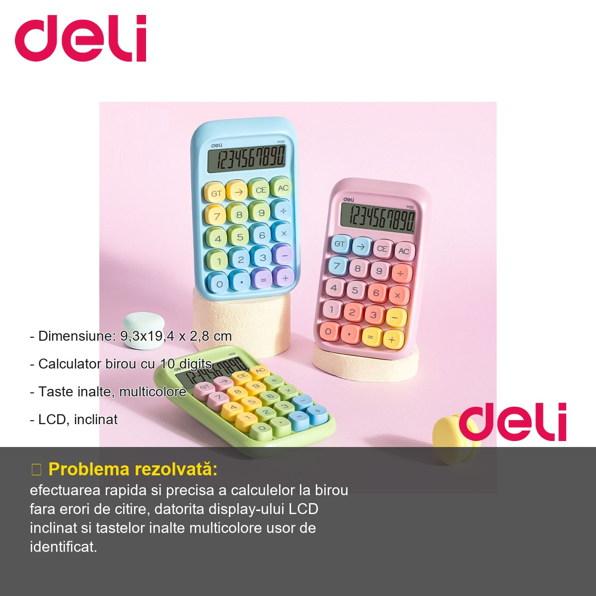 Calculator de birou Deli, 10 digits, taste multicolore, display LCD inclinat, albastru [2]