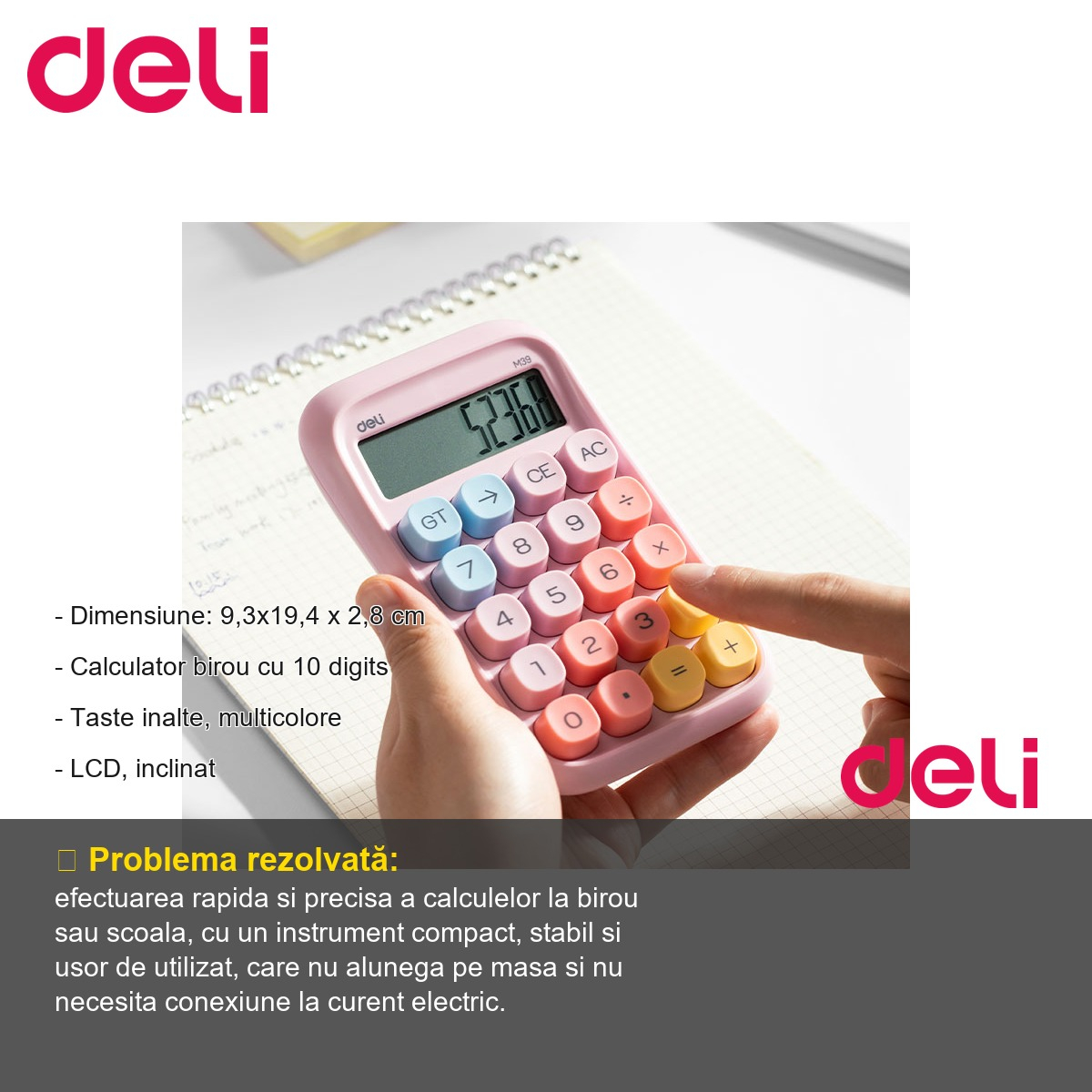 Calculator de birou Deli, 10 digits, taste multicolore roz, display LCD inclinat, pentru birou si scoala [2]