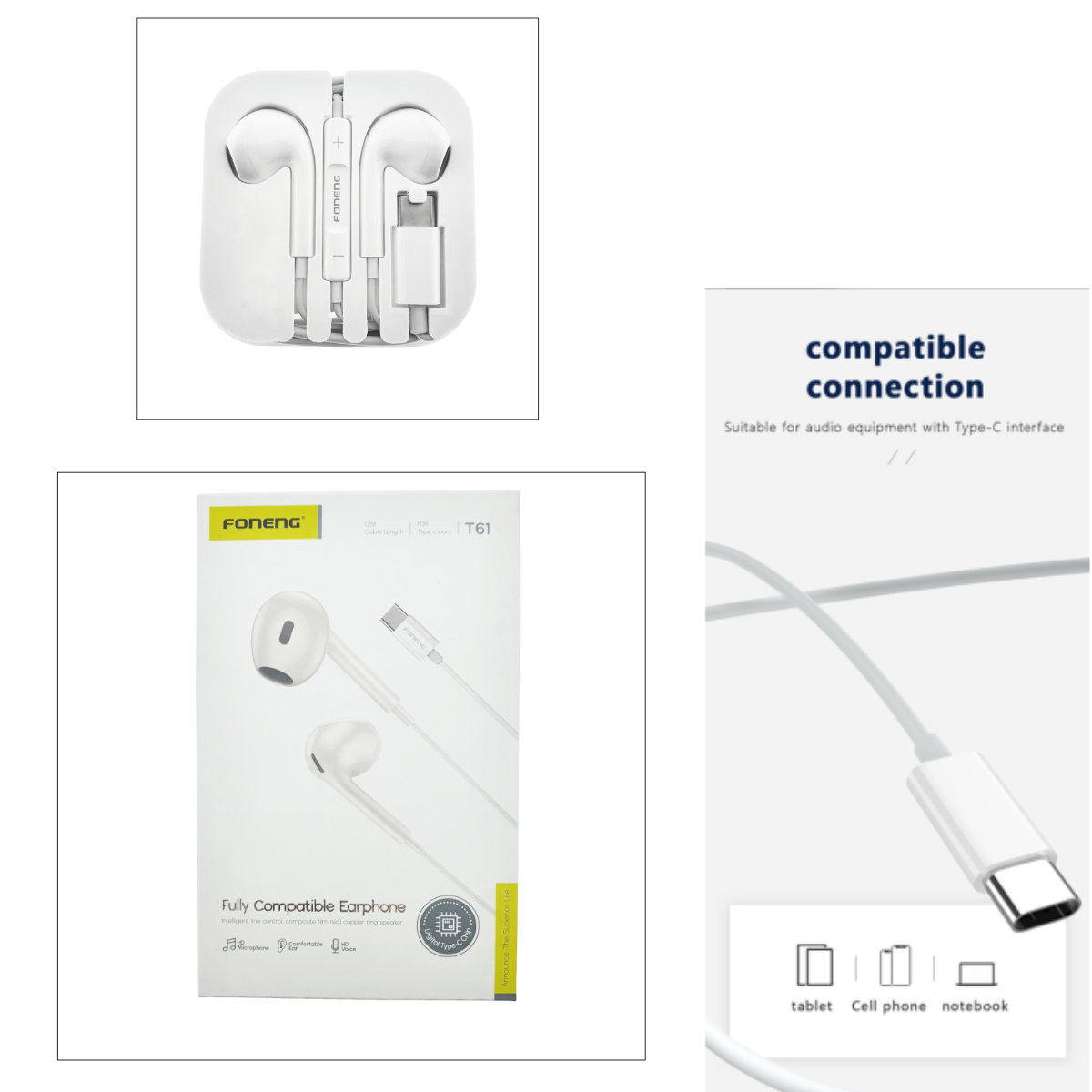Casti Foneng T61 cu conector USB-C, microfon HD, cablu 1.2 m, In-Ear, control muzica/apeluri, cutie transport, in blister, albe [4]