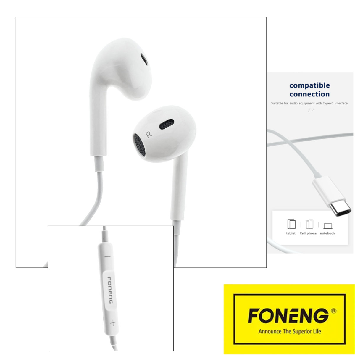 Casti Foneng T61 cu conector USB-C, microfon HD, cablu 1.2 m, In-Ear, control muzica/apeluri, cutie transport, in blister, albe [3]