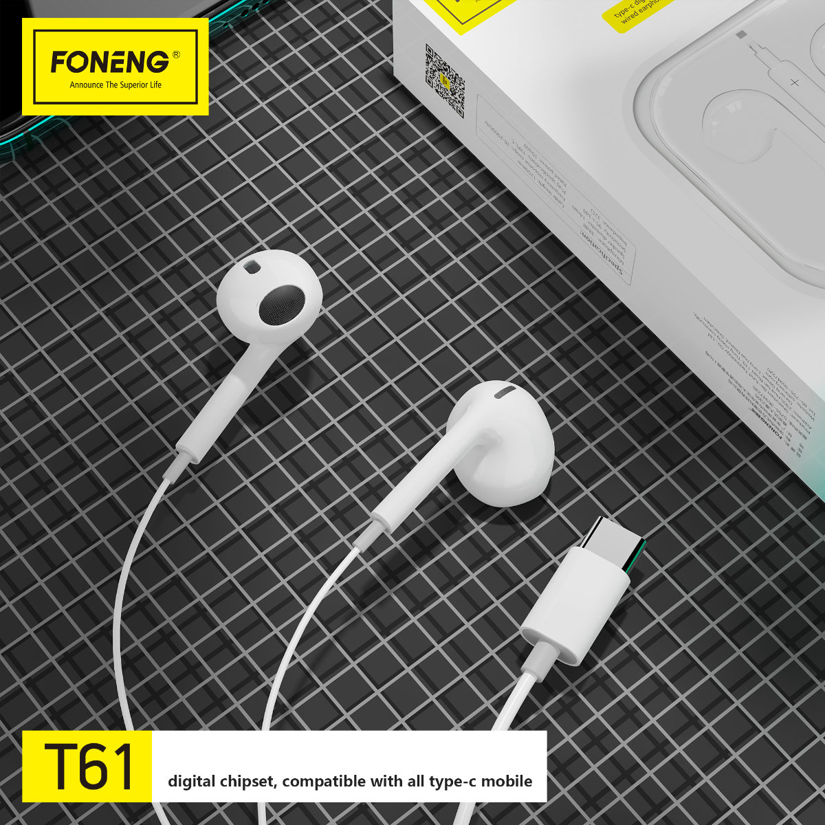 Casti Foneng T61 cu conector USB-C, microfon HD, cablu 1.2 m, In-Ear, control muzica/apeluri, cutie transport, in blister, albe [5]