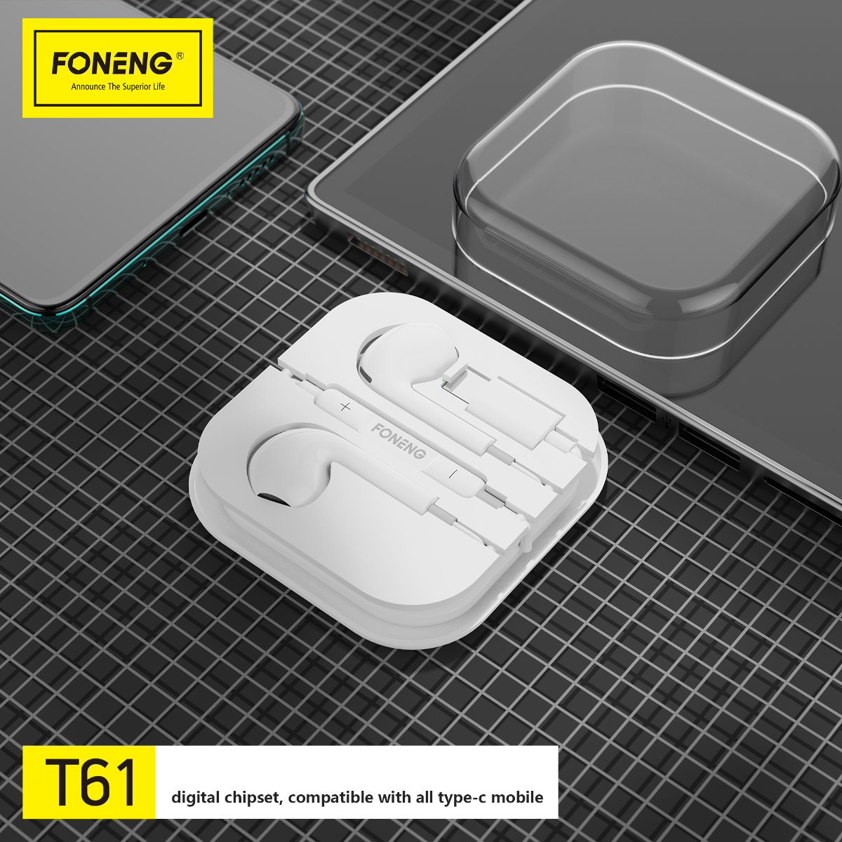 Casti Foneng T61 cu conector USB-C, microfon HD, cablu 1.2 m, In-Ear, control muzica/apeluri, cutie transport, in blister, albe [6]