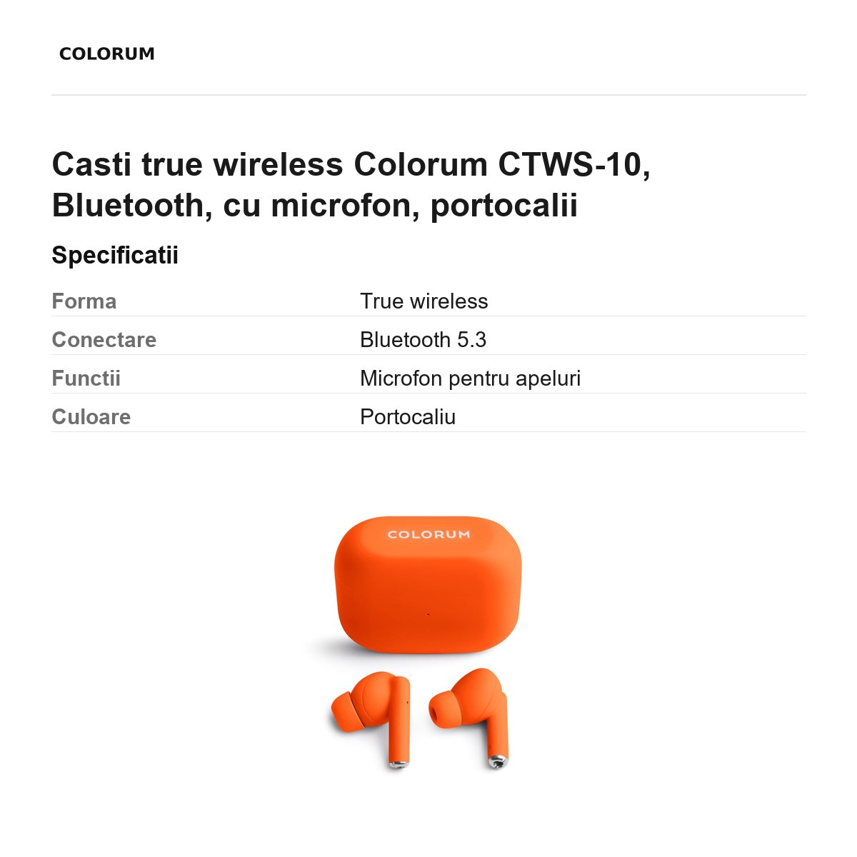 Casti true wireless Colorum CTWS-10, Bluetooth, cu microfon, portocalii [3]