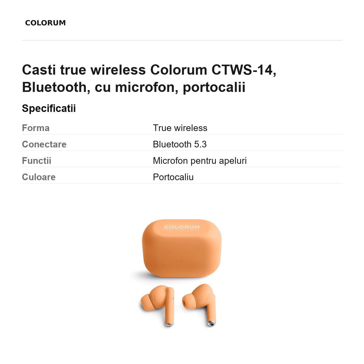 Casti true wireless Colorum CTWS-14, Bluetooth, cu microfon, portocalii [3]