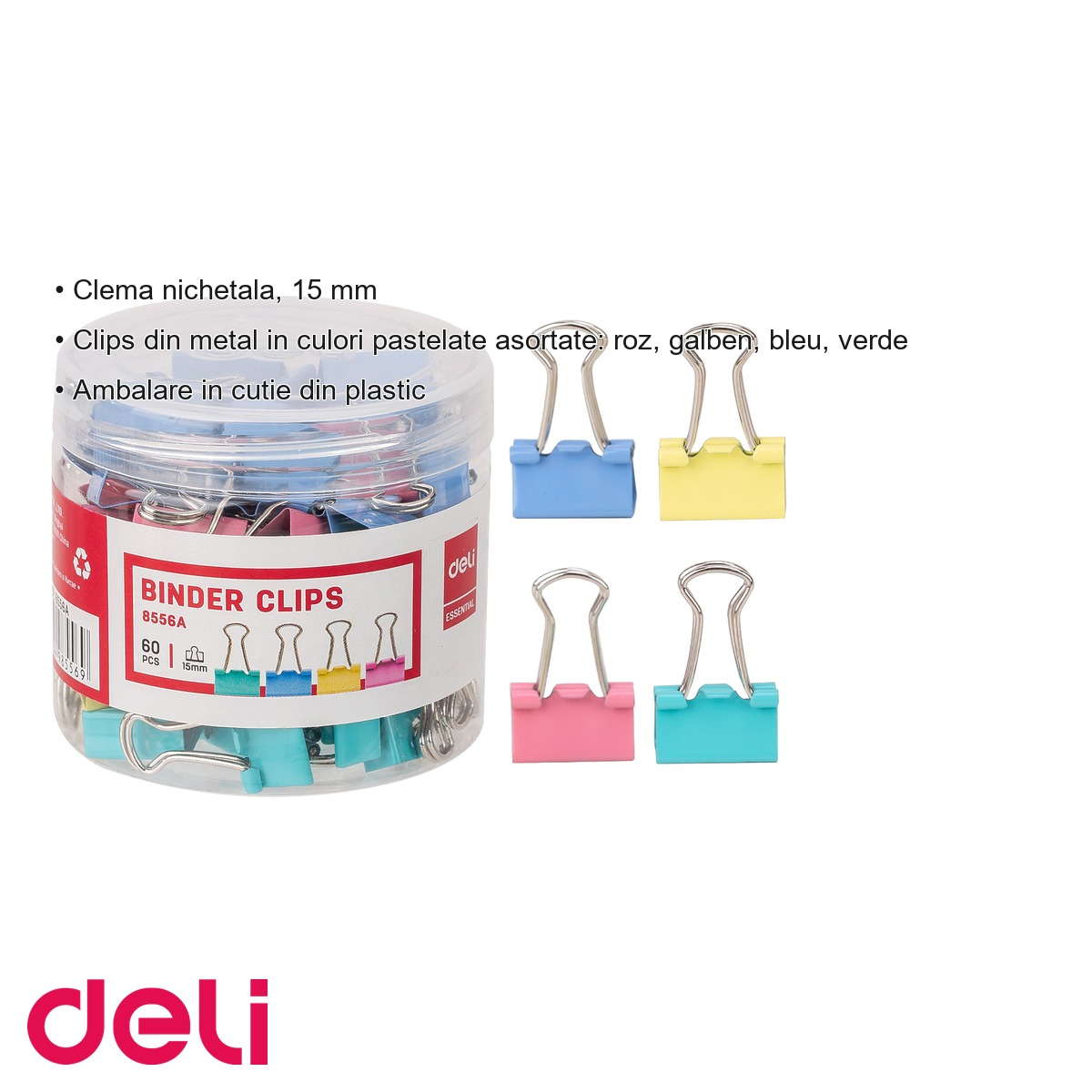 Clipsuri hartie colorate Deli, 15 mm, culori pastel, set 60 bucati in cutie plastic [3]