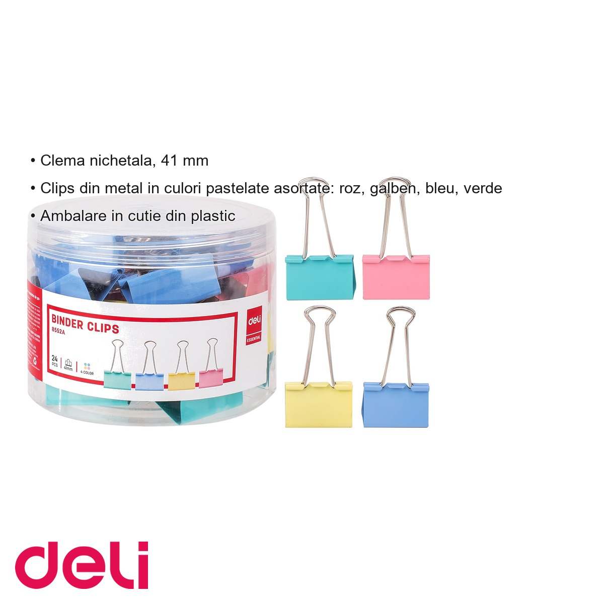 Clipsuri hartie colorate Deli, 41 mm, culori pastel asortate, set 24 bucati in cutie plastic, pentru organizare documente [3]