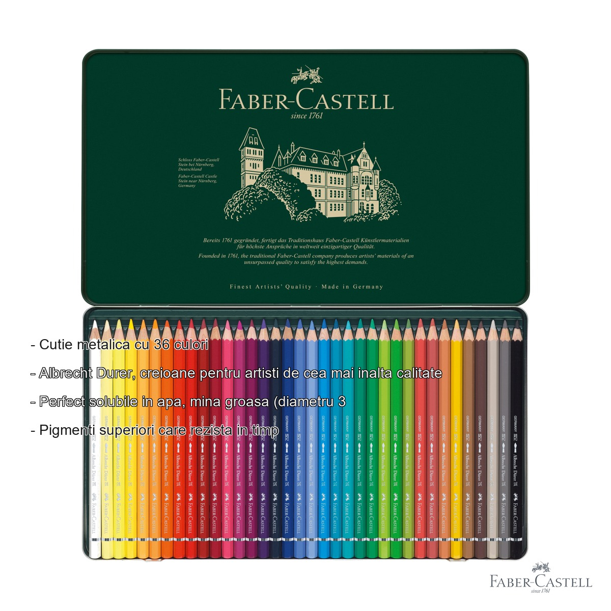 Creioane colorate acuarela Faber-Castell Albrecht Durer, 36 culori, cutie metalica, pentru artisti profesionisti [2]