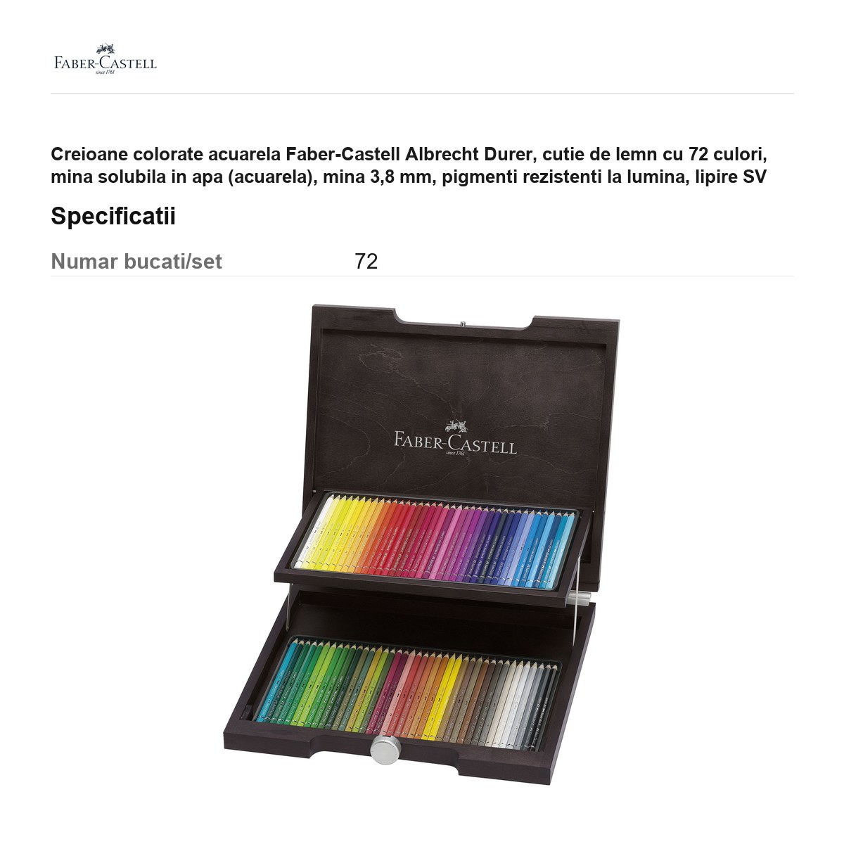 Creioane colorate acuarela Faber-Castell Albrecht Durer, cutie de lemn cu 72 culori, mina solubila in apa (acuarela), mina 3,8 mm, pigmenti rezistenti la lumina, lipire SV [3]