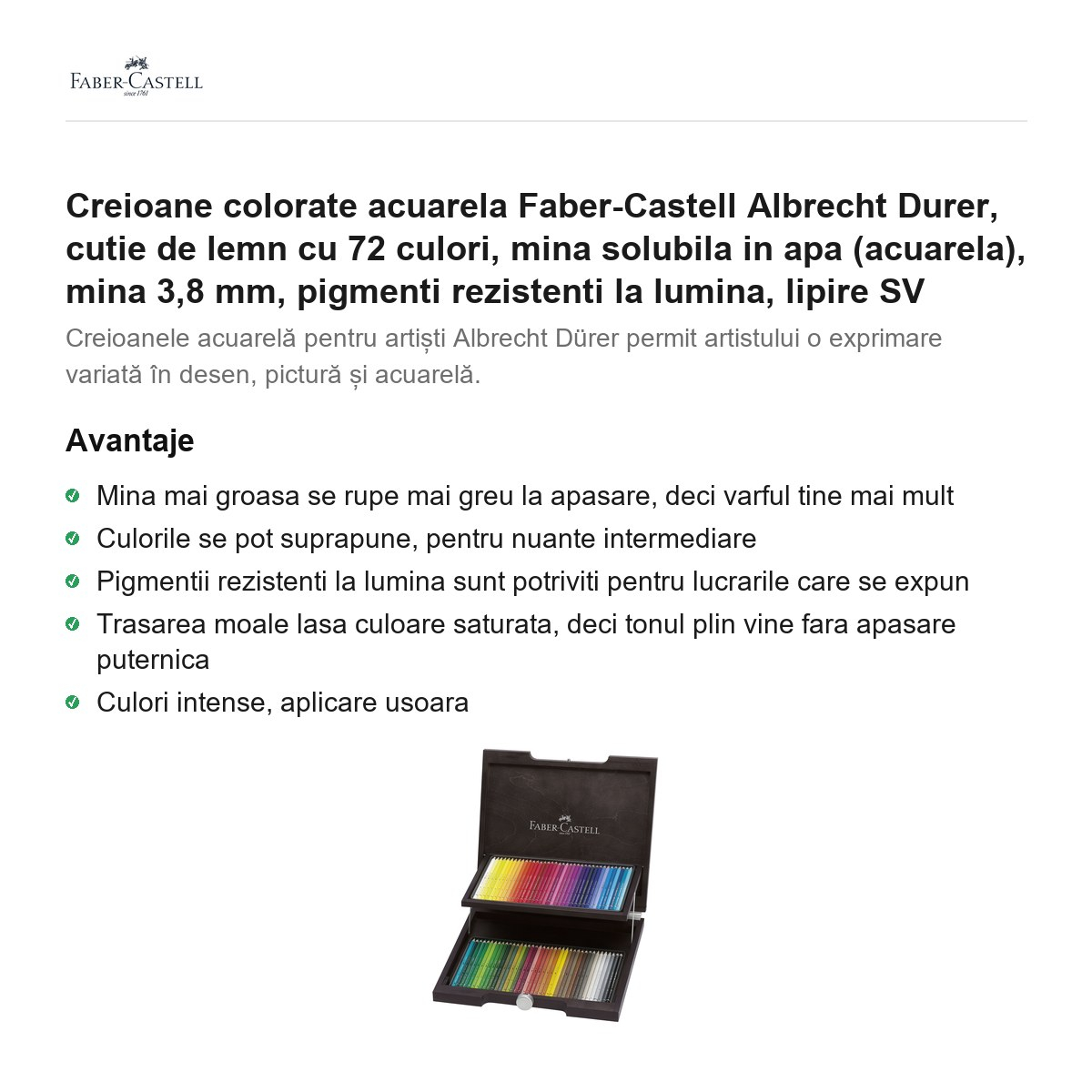 Creioane colorate acuarela Faber-Castell Albrecht Durer, cutie de lemn cu 72 culori, mina solubila in apa (acuarela), mina 3,8 mm, pigmenti rezistenti la lumina, lipire SV [2]