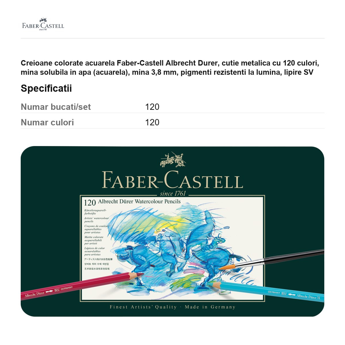 Creioane colorate acuarela Faber-Castell Albrecht Durer, cutie metalica cu 120 culori, mina solubila in apa (acuarela), mina 3,8 mm, pigmenti rezistenti la lumina, lipire SV [3]