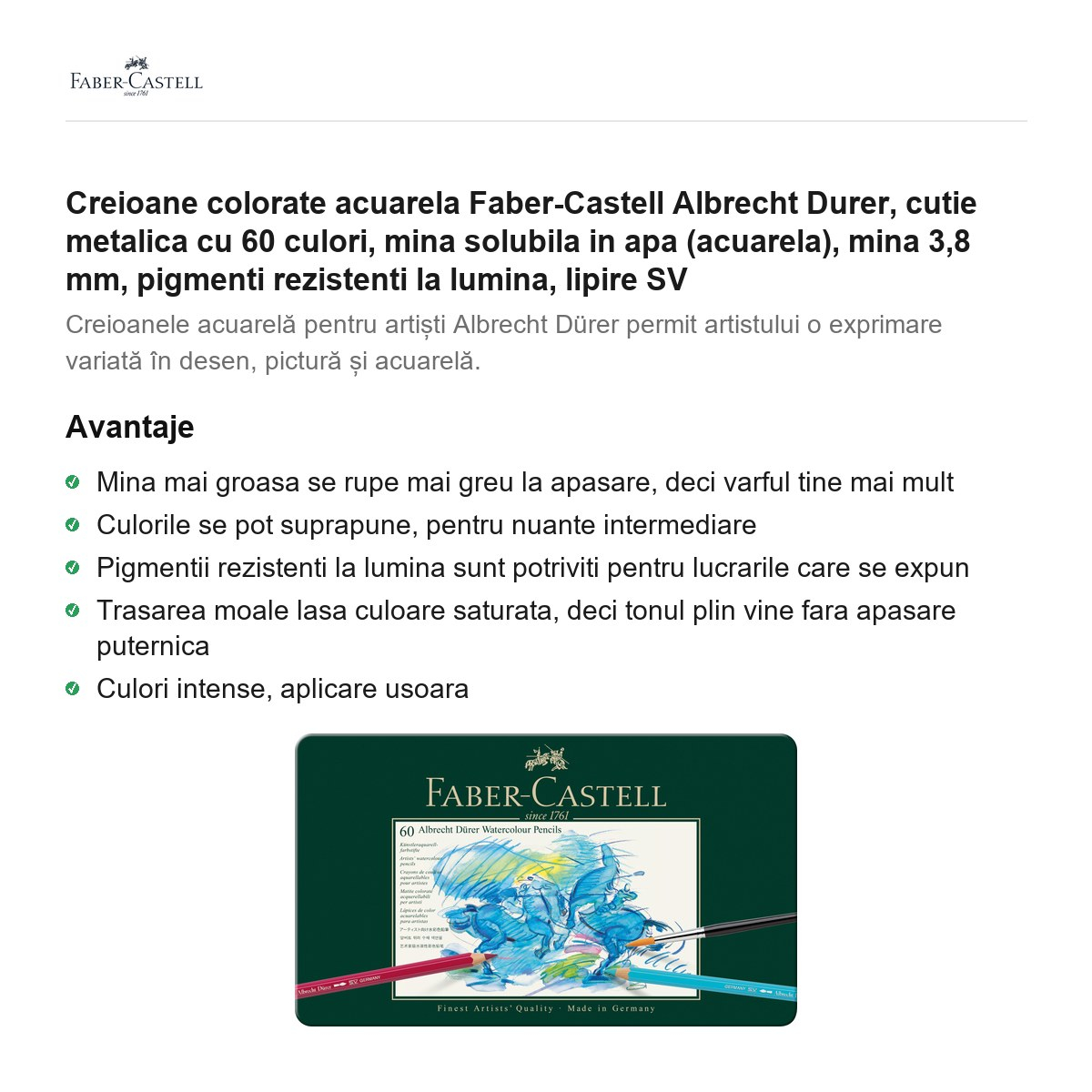 Creioane colorate acuarela Faber-Castell Albrecht Durer, cutie metalica cu 60 culori, mina solubila in apa (acuarela), mina 3,8 mm, pigmenti rezistenti la lumina, lipire SV [2]