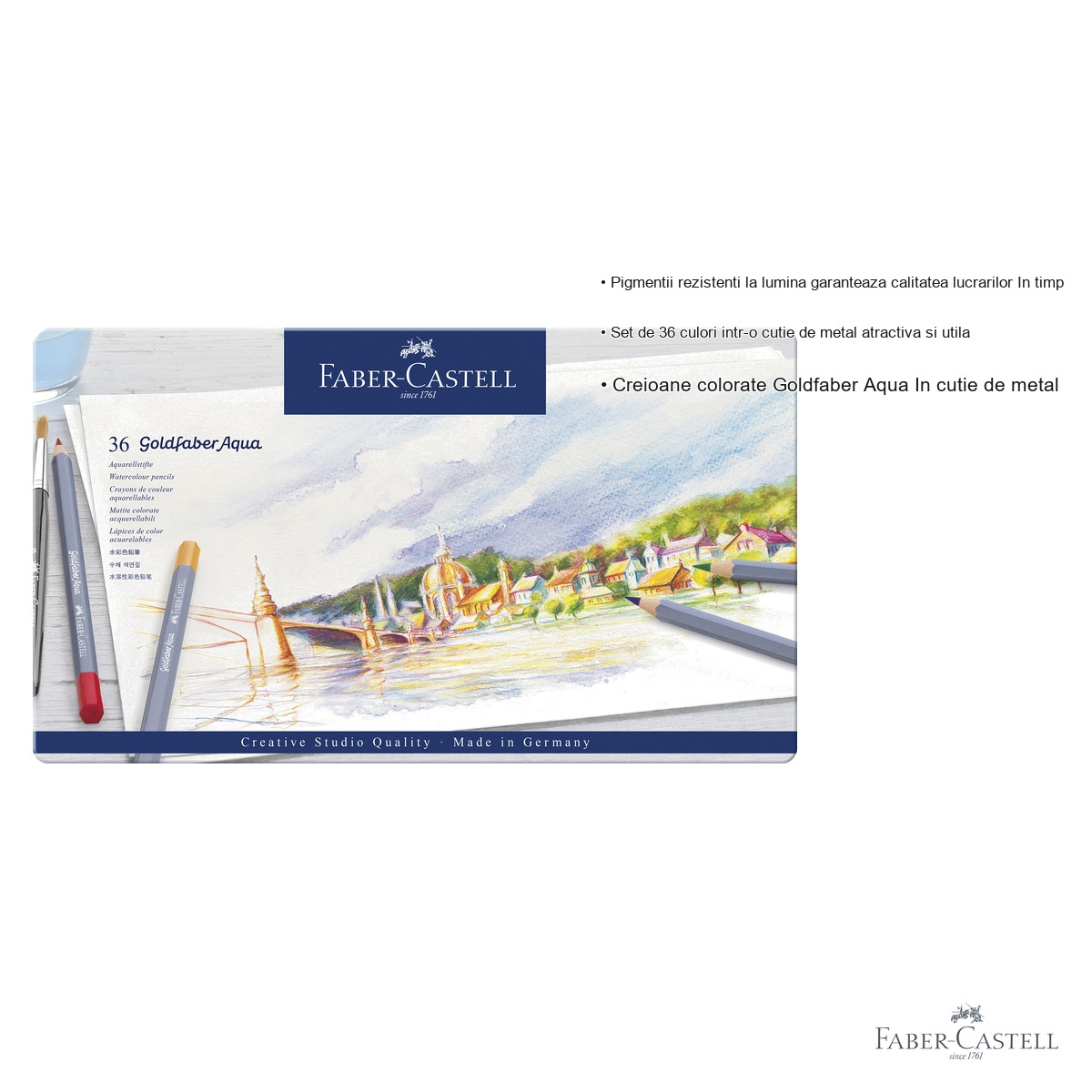 Creioane colorate acuarela Faber-Castell Goldfaber Aqua, 36 culori, cutie metal, pentru tehnici mixte [3]