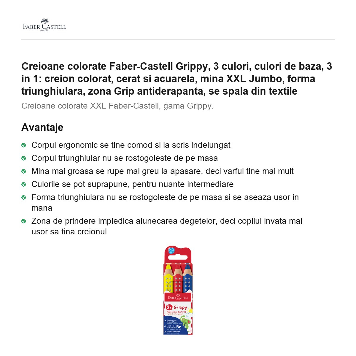 Creioane colorate Faber-Castell Grippy, 3 culori, culori de baza, 3 in 1: creion colorat, cerat si acuarela, mina XXL Jumbo, forma triunghiulara, zona Grip antiderapanta, se spala din textile [2]