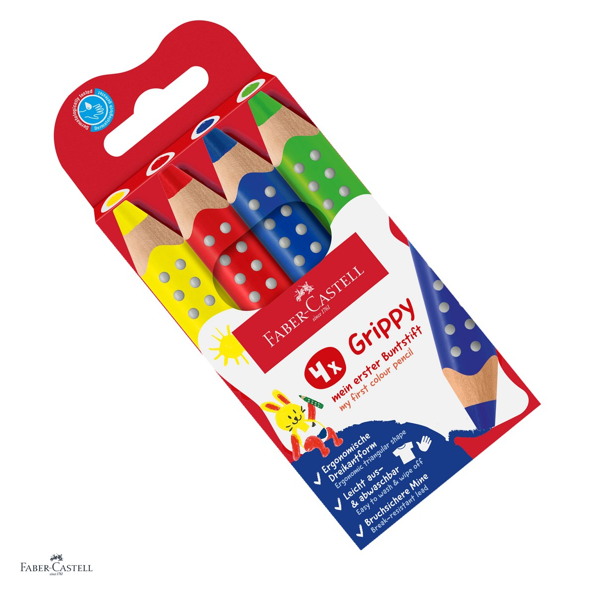 Creioane colorate Faber-Castell Grippy, 4 culori, culori de baza, 3 in 1: creion colorat, cerat si acuarela, mina XXL Jumbo, forma triunghiulara, zona Grip antiderapanta, se spala din textile [1]