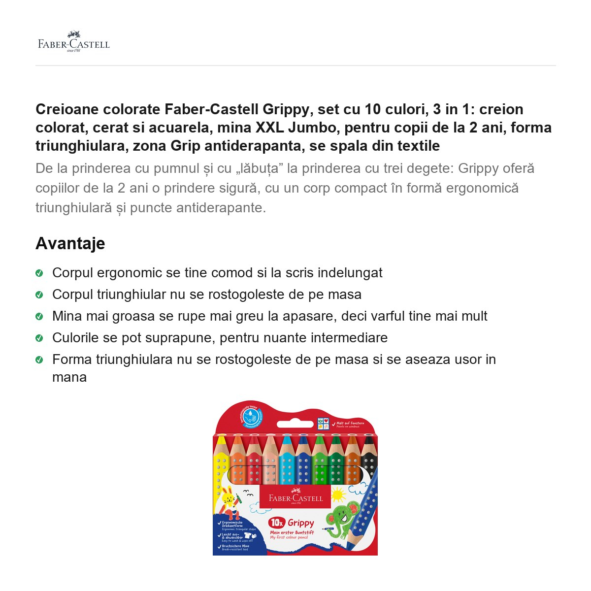 Creioane colorate Faber-Castell Grippy, set cu 10 culori, 3 in 1: creion colorat, cerat si acuarela, mina XXL Jumbo, pentru copii de la 2 ani, forma triunghiulara, zona Grip antiderapanta [2]