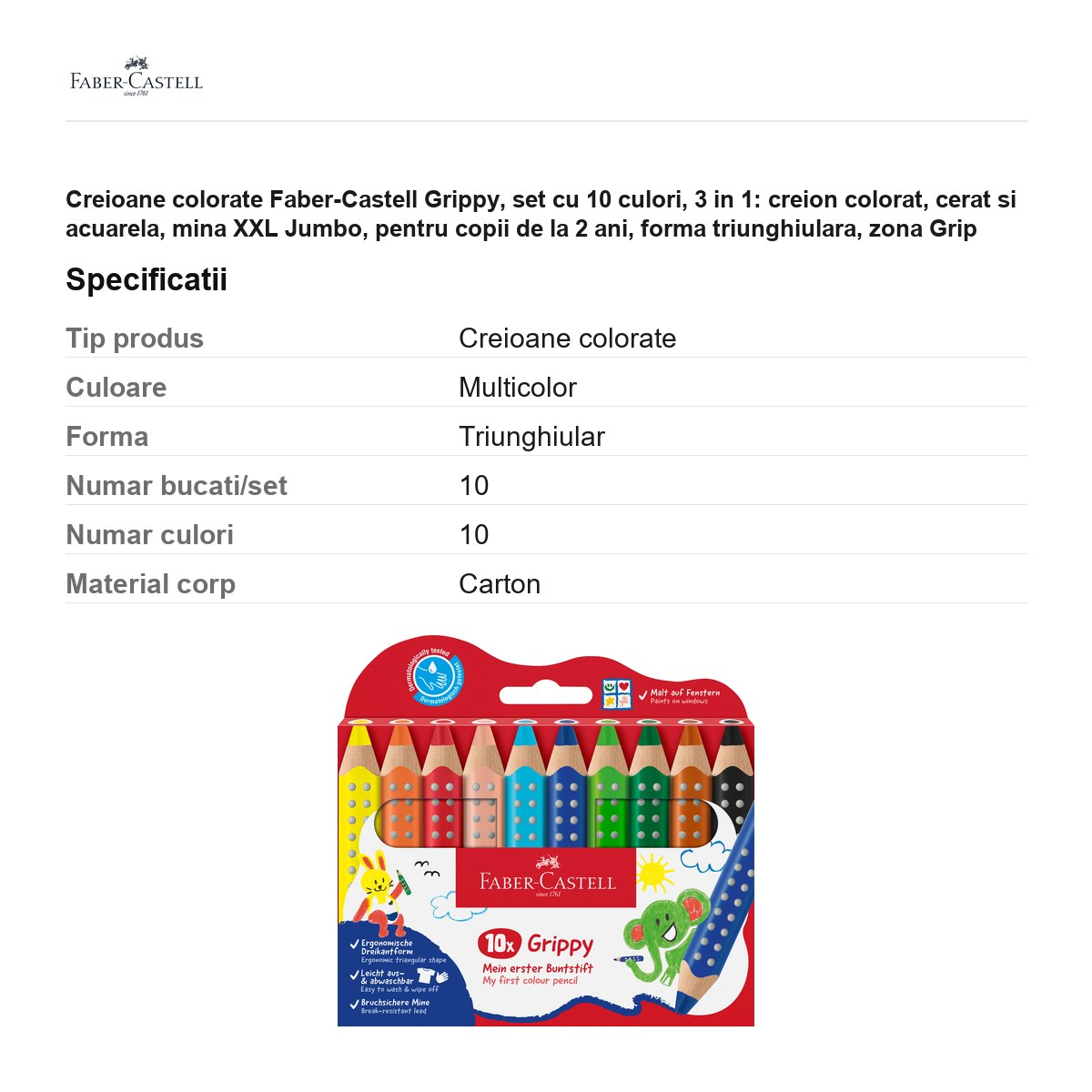 Creioane colorate Faber-Castell Grippy, set cu 10 culori, 3 in 1: creion colorat, cerat si acuarela, mina XXL Jumbo, pentru copii de la 2 ani, forma triunghiulara, zona Grip antiderapanta [3]