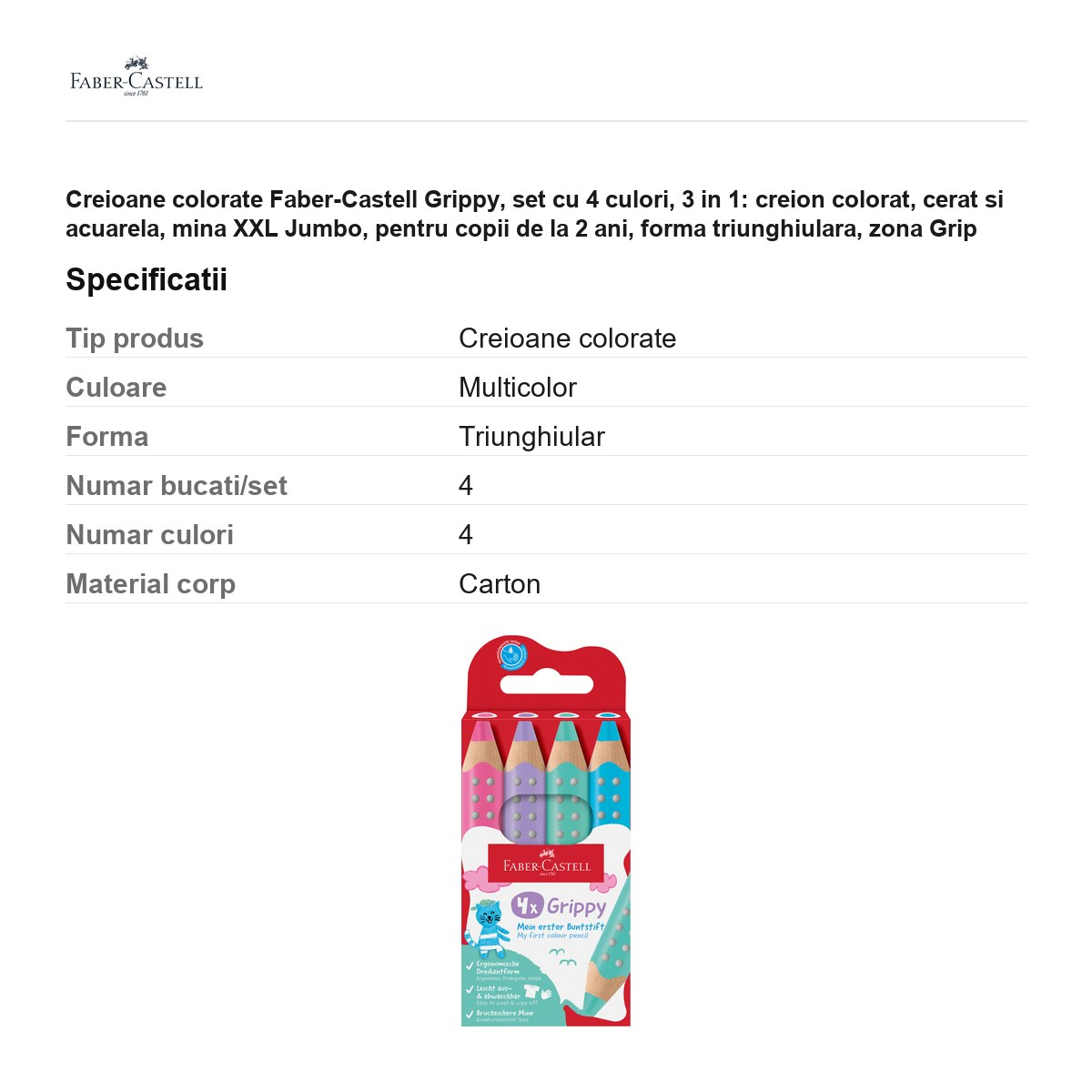 Creioane colorate Faber-Castell Grippy, set cu 4 culori, 3 in 1: creion colorat, cerat si acuarela, mina XXL Jumbo, pentru copii de la 2 ani, forma triunghiulara, zona Grip antiderapanta, pastel [3]