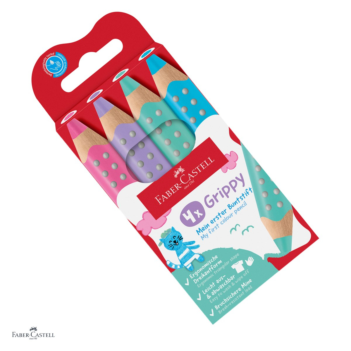 Creioane colorate Faber-Castell Grippy, set cu 4 culori, 3 in 1: creion colorat, cerat si acuarela, mina XXL Jumbo, pentru copii de la 2 ani, forma triunghiulara, zona Grip antiderapanta, pastel [1]