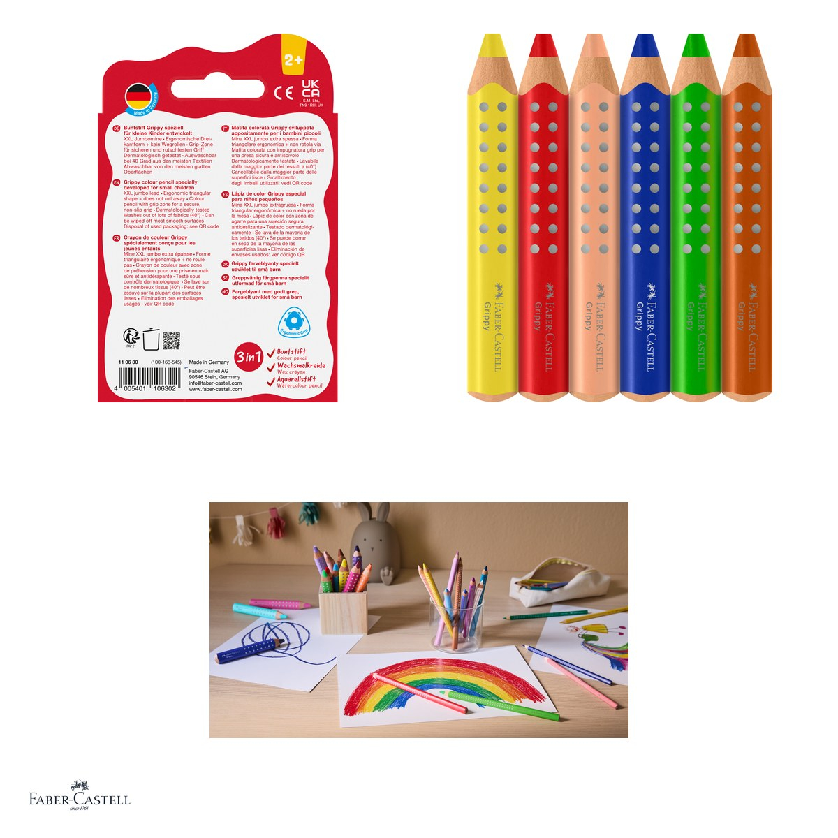 Creioane colorate Faber-Castell Grippy, set cu 6 culori, 3 in 1: creion colorat, cerat si acuarela, mina XXL Jumbo, pentru copii de la 2 ani, forma triunghiulara, zona Grip antiderapanta [4]