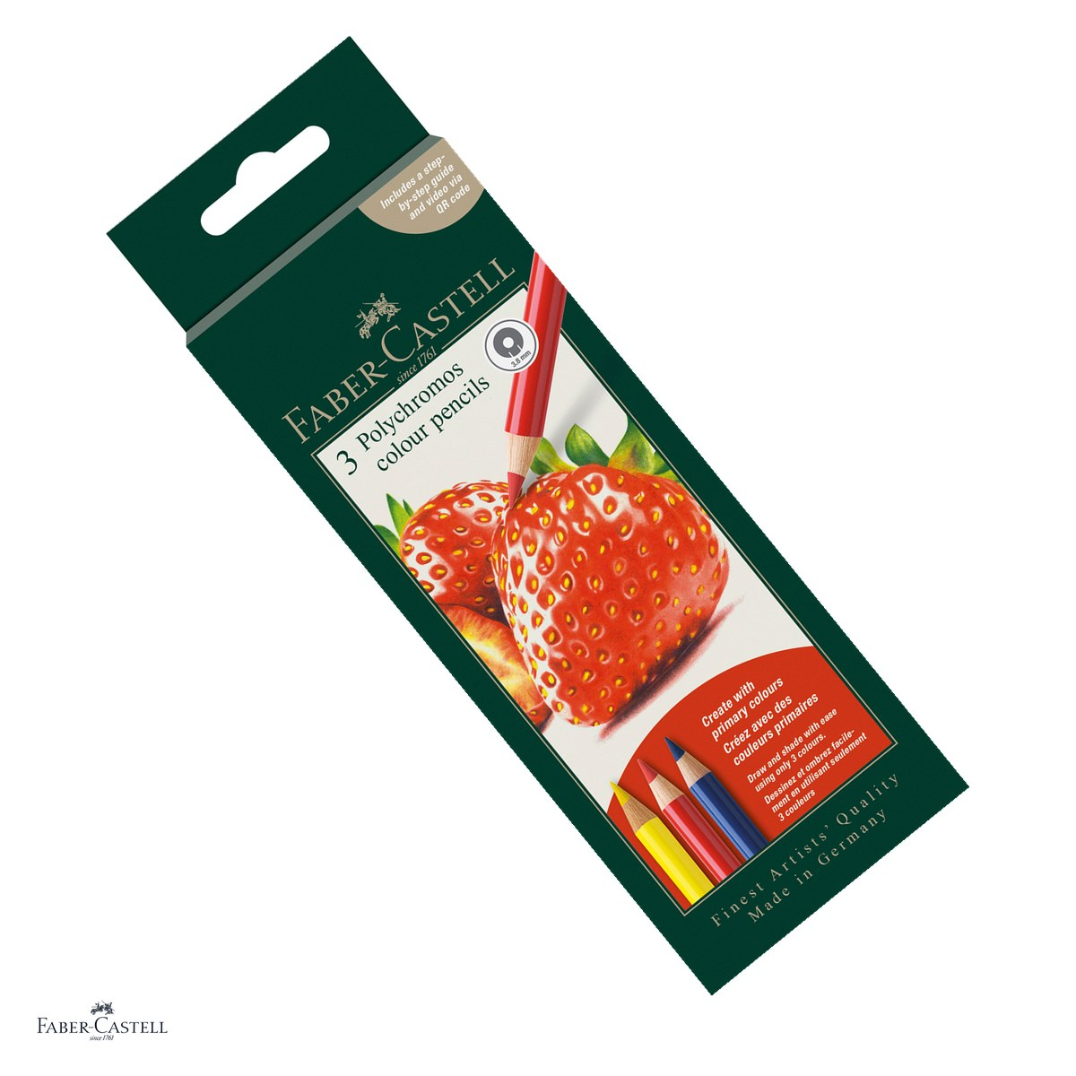 Creioane colorate Faber-Castell Polychromos, cutie de carton cu 3 culori, culori de baza, mina 3,8 mm, pigmenti rezistenti la lumina, rezistente la apa, lipire SV, capsuna, fara acizi [1]