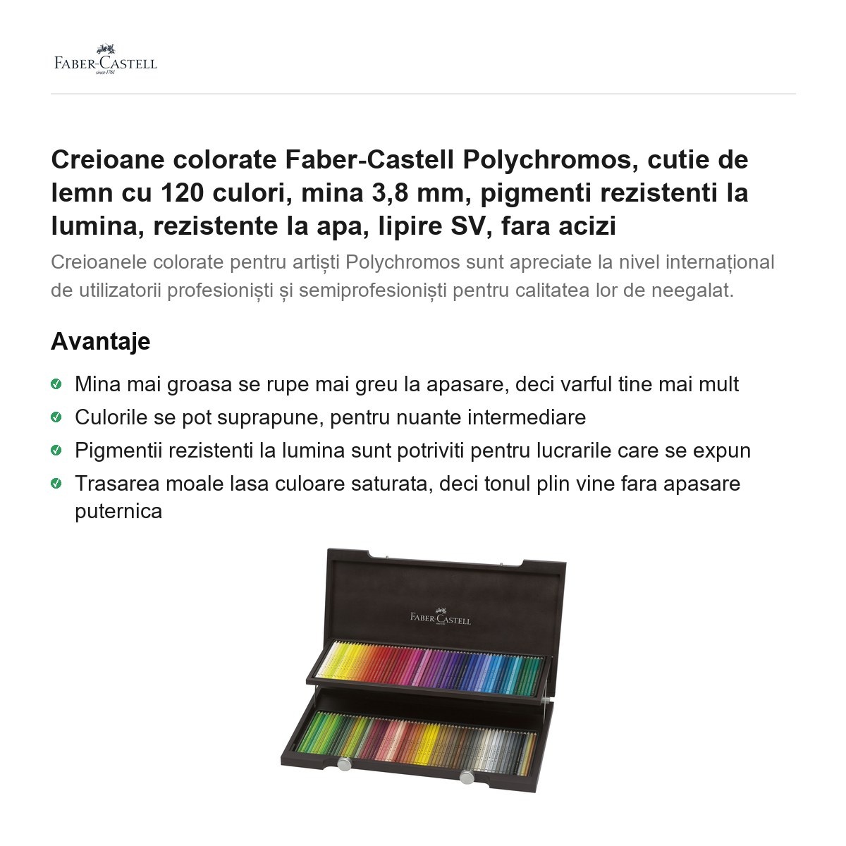 Creioane colorate Faber-Castell Polychromos, cutie de lemn cu 120 culori, mina 3,8 mm, pigmenti rezistenti la lumina, rezistente la apa, lipire SV, fara acizi [2]