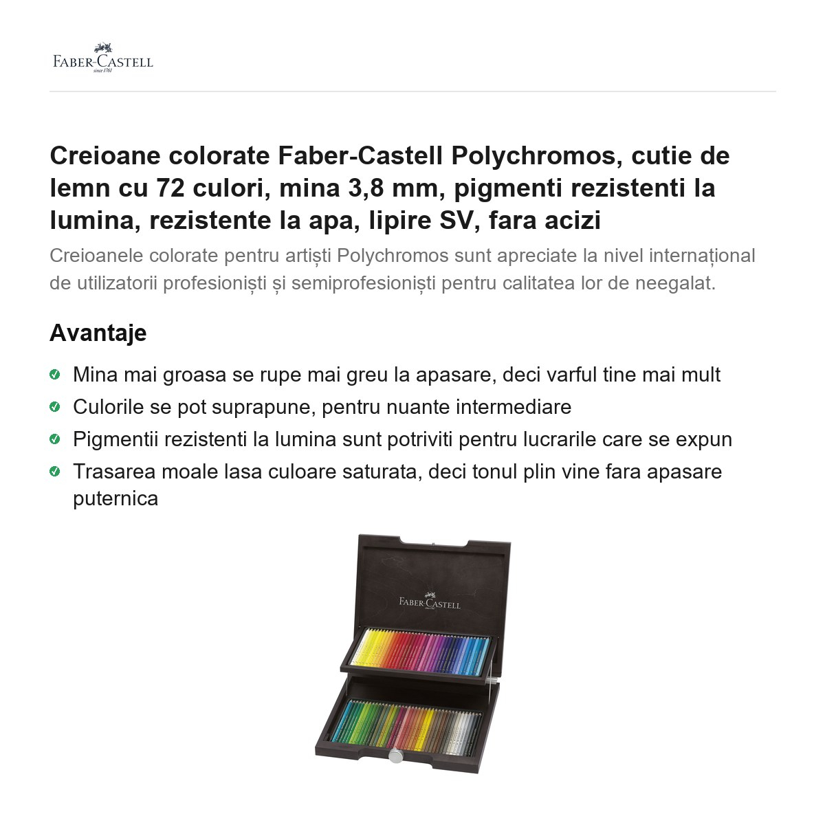 Creioane colorate Faber-Castell Polychromos, cutie de lemn cu 72 culori, mina 3,8 mm, pigmenti rezistenti la lumina, rezistente la apa, lipire SV, fara acizi [2]