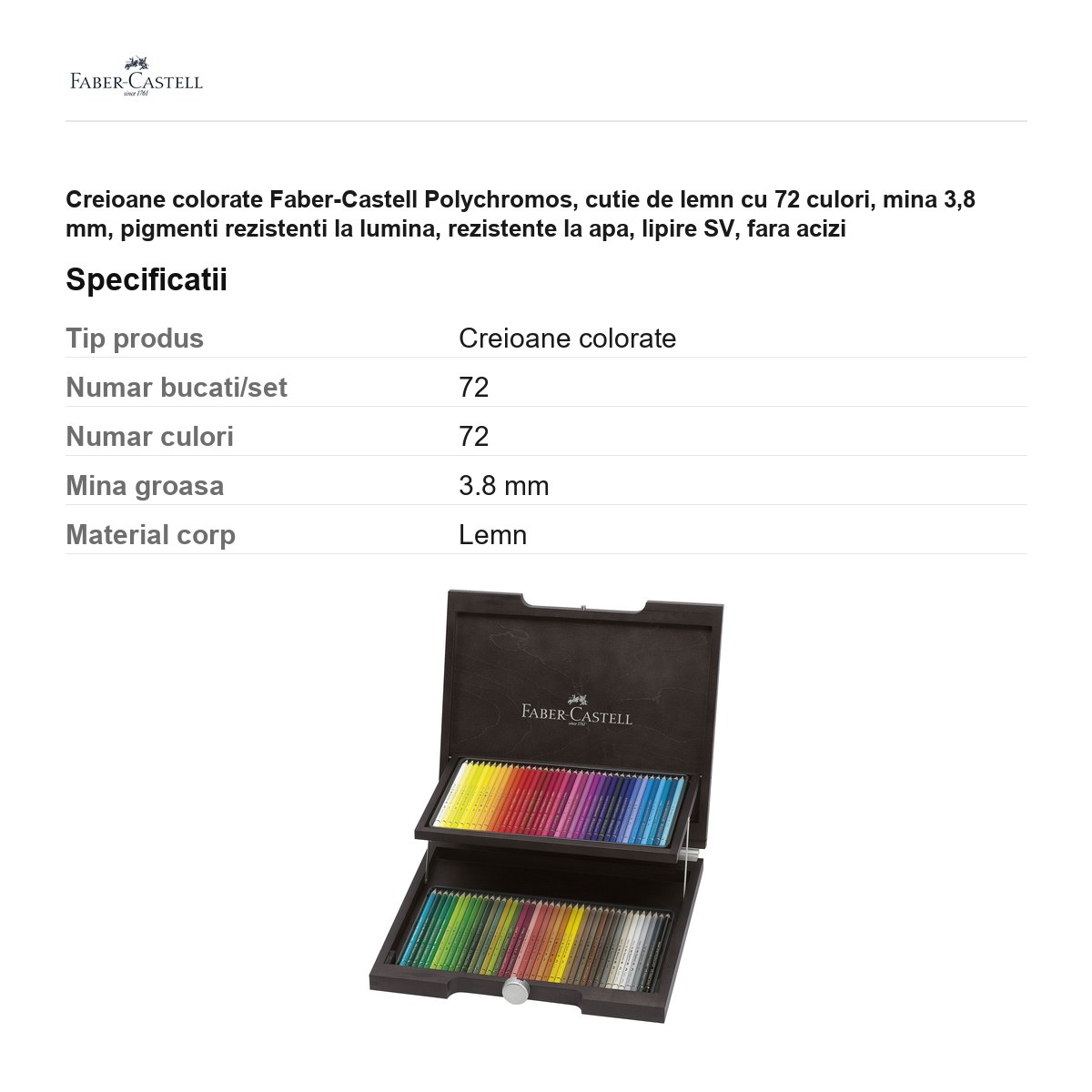 Creioane colorate Faber-Castell Polychromos, cutie de lemn cu 72 culori, mina 3,8 mm, pigmenti rezistenti la lumina, rezistente la apa, lipire SV, fara acizi [3]