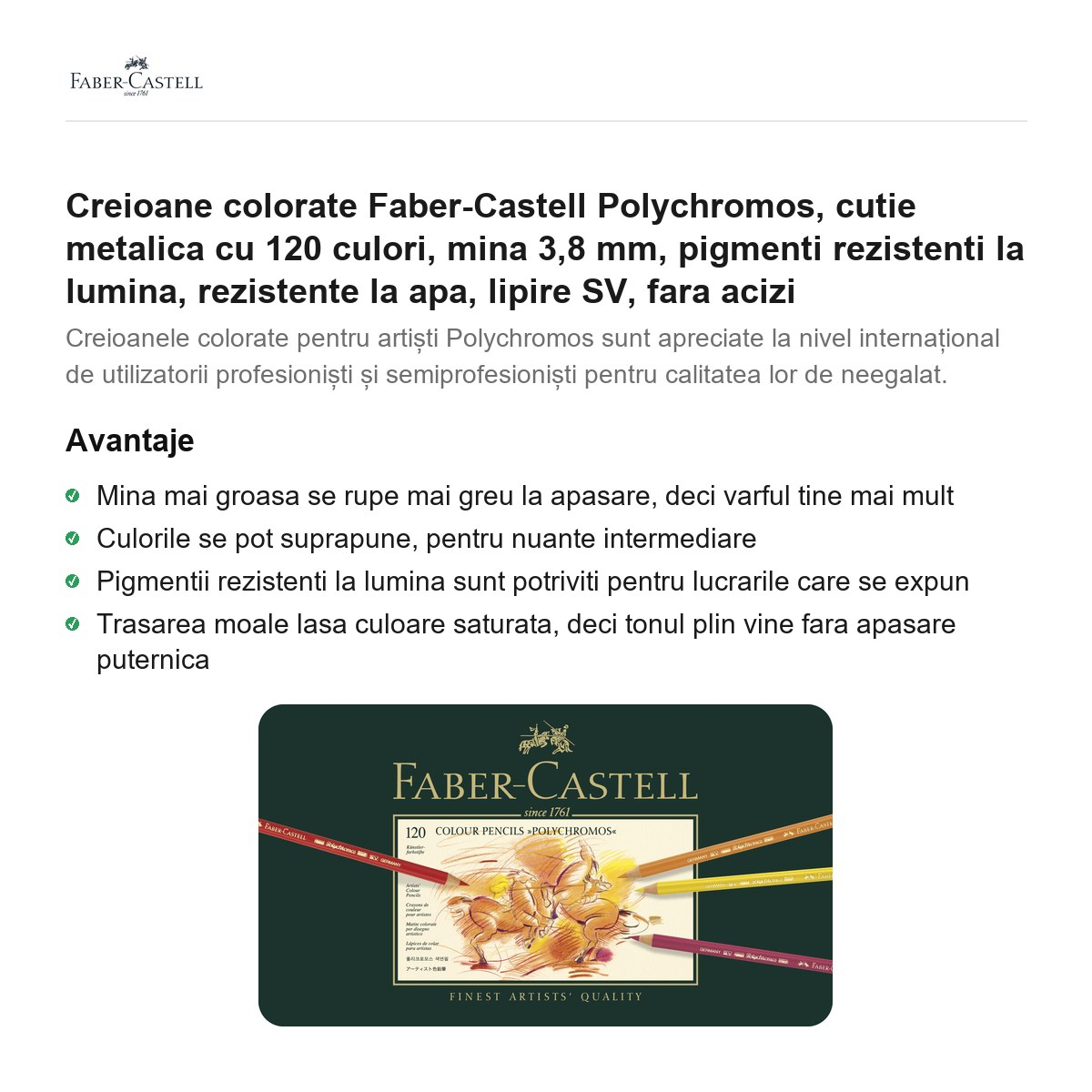 Creioane colorate Faber-Castell Polychromos, cutie metalica cu 120 culori, mina 3,8 mm, pigmenti rezistenti la lumina, rezistente la apa, lipire SV, fara acizi [2]