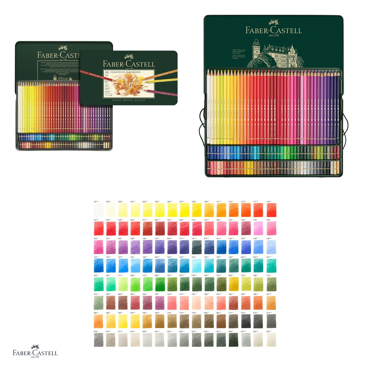 Creioane colorate Faber-Castell Polychromos, cutie metalica cu 120 culori, mina 3,8 mm, pigmenti rezistenti la lumina, rezistente la apa, lipire SV, fara acizi [4]