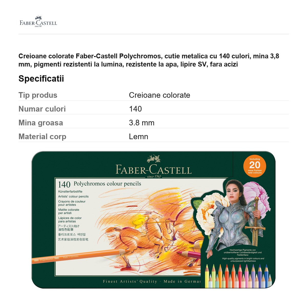 Creioane colorate Faber-Castell Polychromos, cutie metalica cu 140 culori, mina 3,8 mm, pigmenti rezistenti la lumina, rezistente la apa, lipire SV, fara acizi [3]