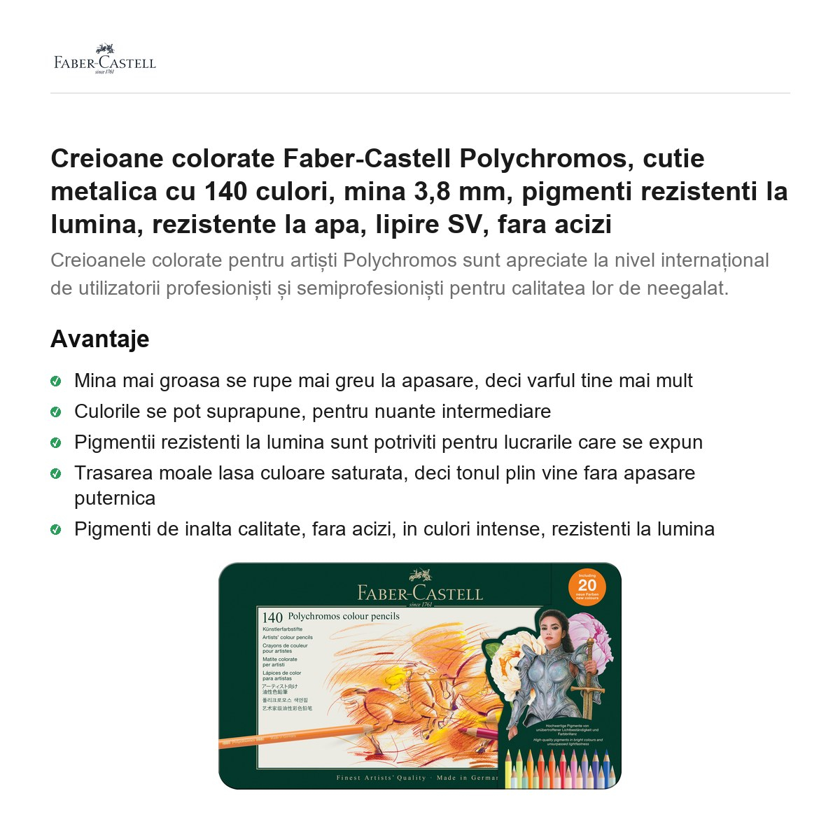 Creioane colorate Faber-Castell Polychromos, cutie metalica cu 140 culori, mina 3,8 mm, pigmenti rezistenti la lumina, rezistente la apa, lipire SV, fara acizi [2]