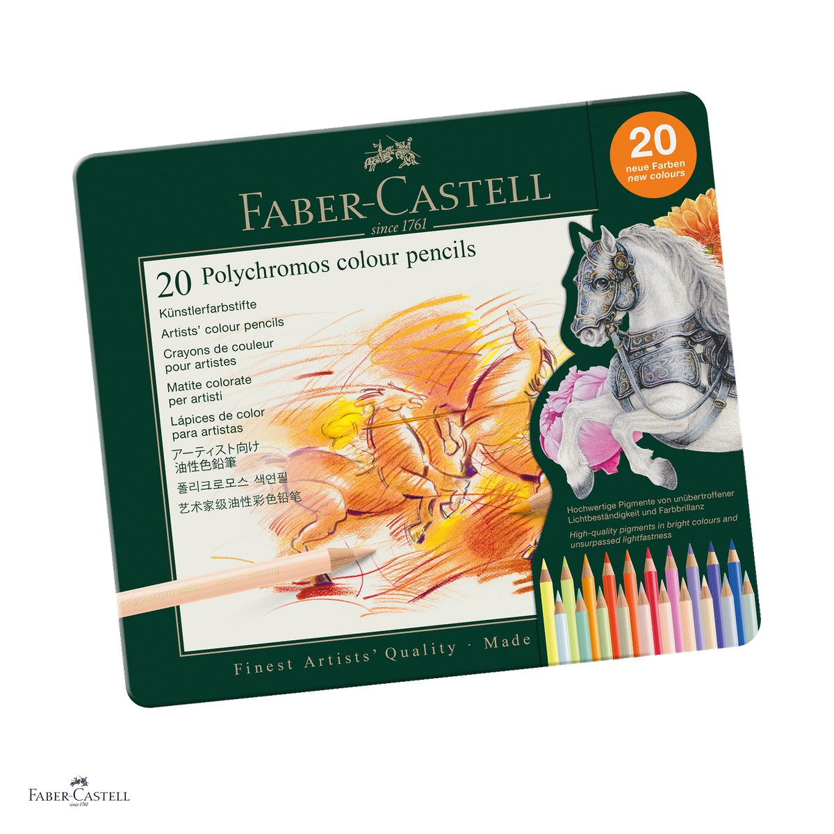 Creioane colorate Faber-Castell Polychromos, cutie metalica cu 20 culori, mina 3,8 mm, pigmenti rezistenti la lumina, rezistente la apa, lipire SV, fara acizi [1]