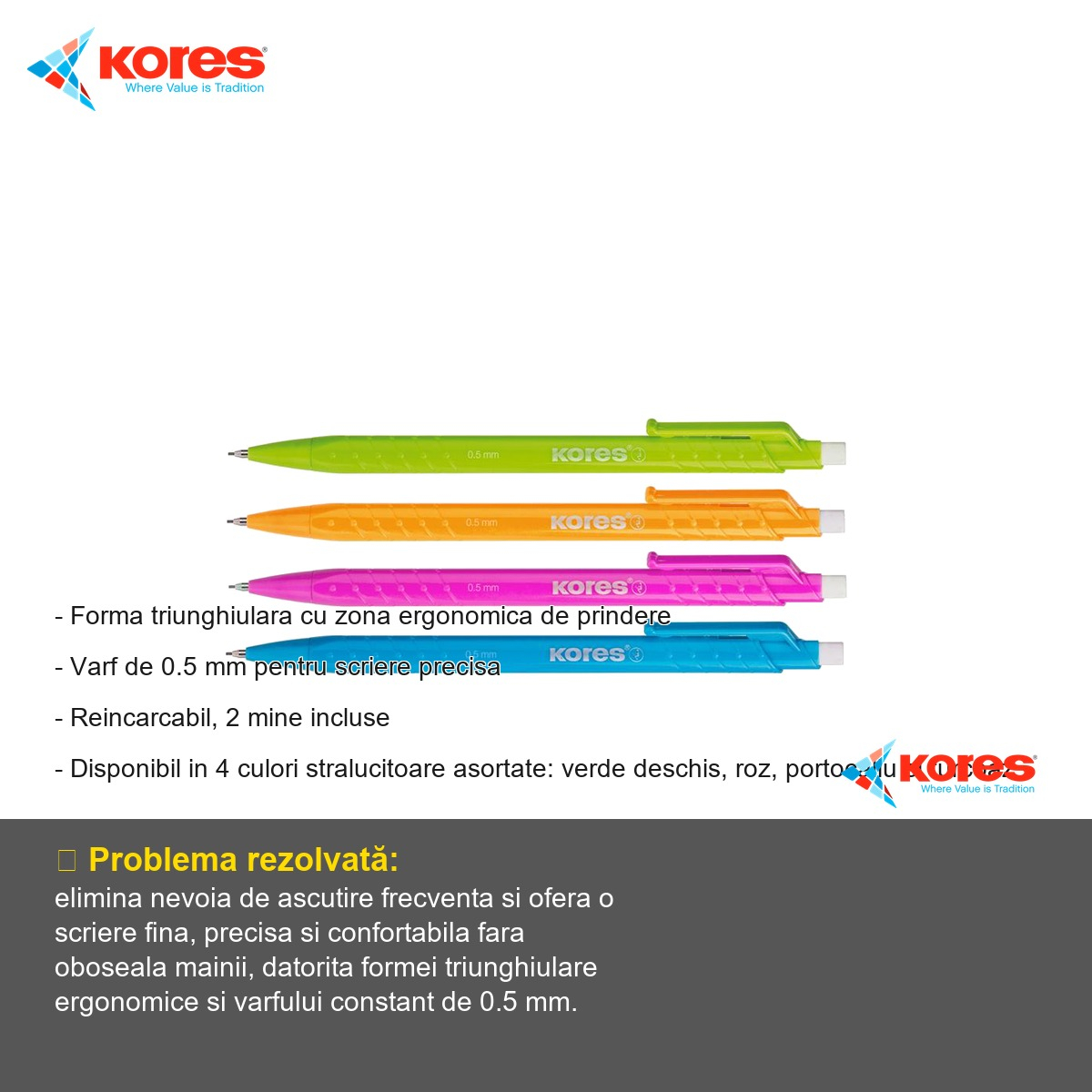 Creion mecanic Kores Grafitos 0.5mm, forma triunghiulara ergonomica, culori asortate, pentru scriere precisa [2]