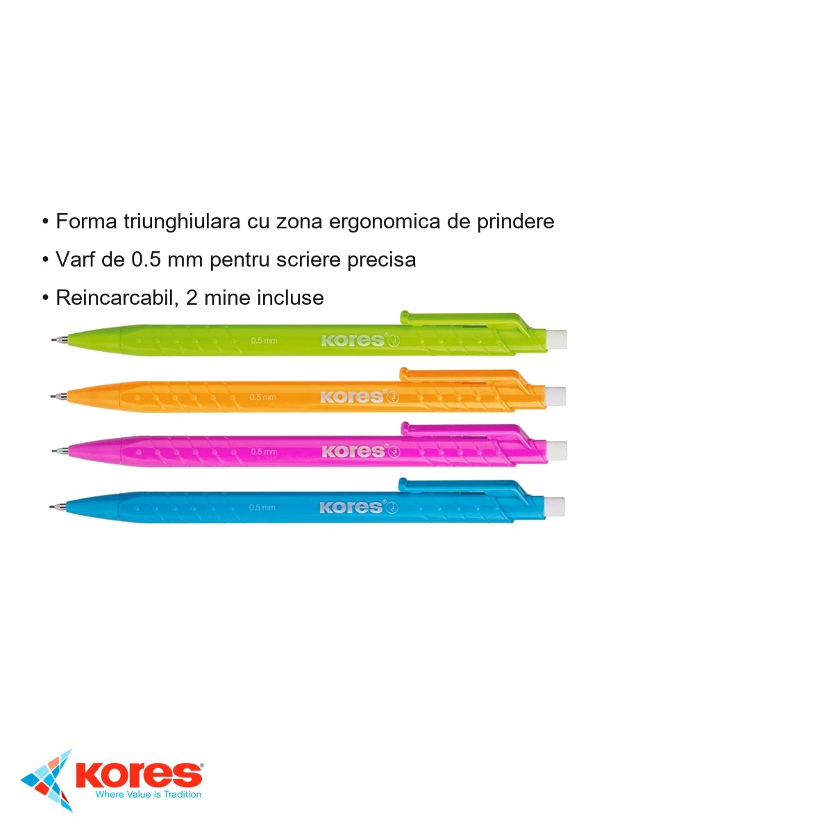 Creion mecanic Kores Grafitos 0.5mm, forma triunghiulara ergonomica, culori asortate, pentru scriere precisa [3]