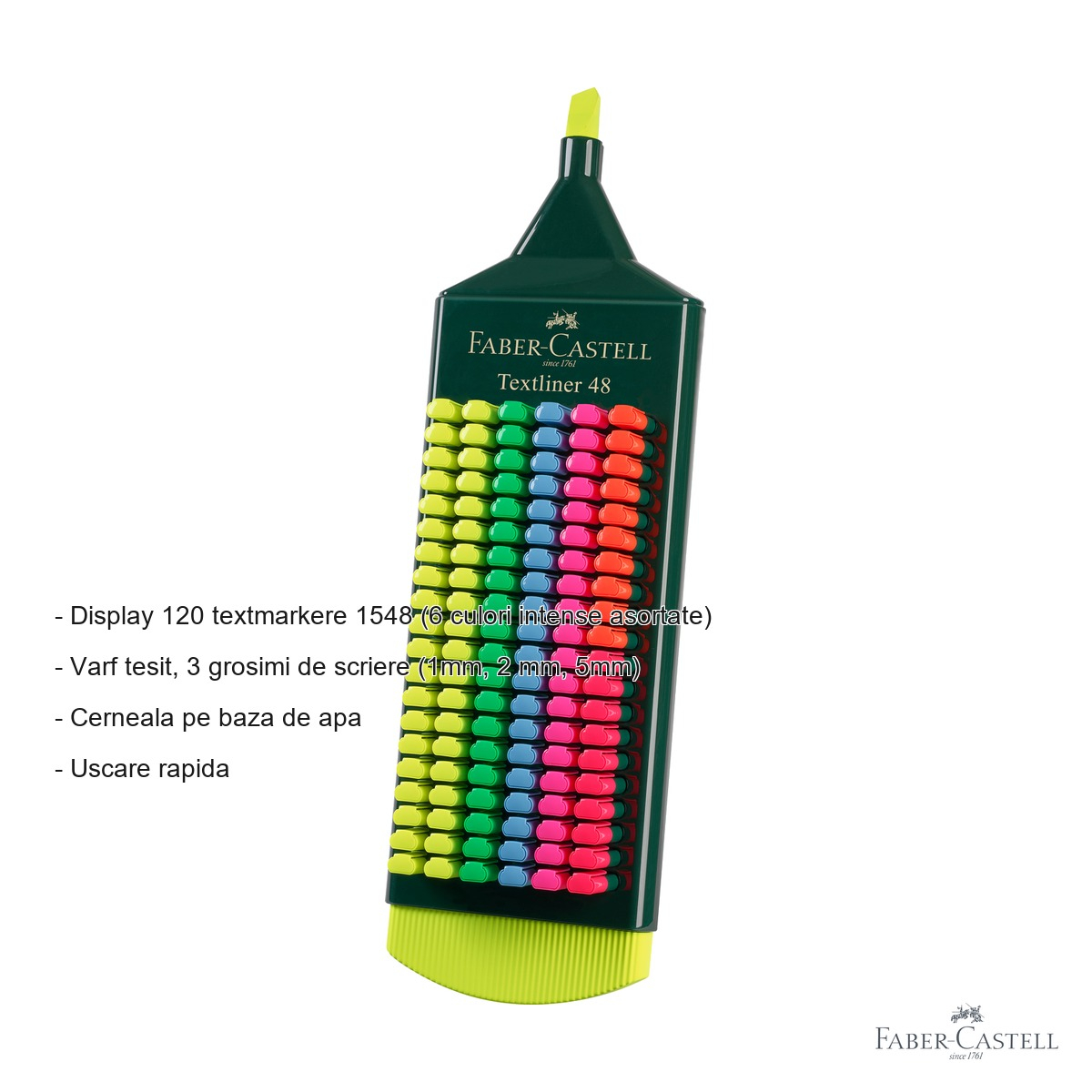 Display 120 textmarkere Faber-Castell 1548, varf tesit, 6 culori intense asortate, pentru birou si scoala [2]