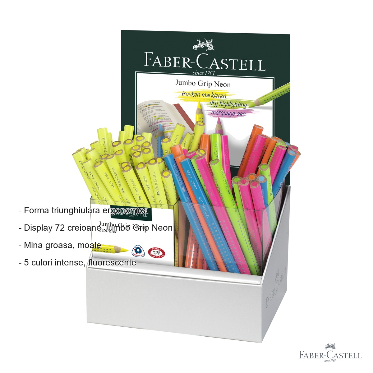 Display 72 creioane colorate neon Jumbo Grip Faber-Castell, mina groasa fluorescenta, forma triunghiulara ergonomica [2]