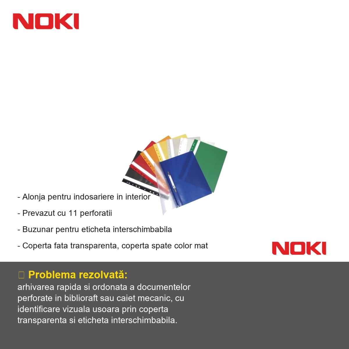 Set 10 dosare plastic cu sina si multiperforatii Noki, format A4, galben, pentru arhivare in biblioraft [2]